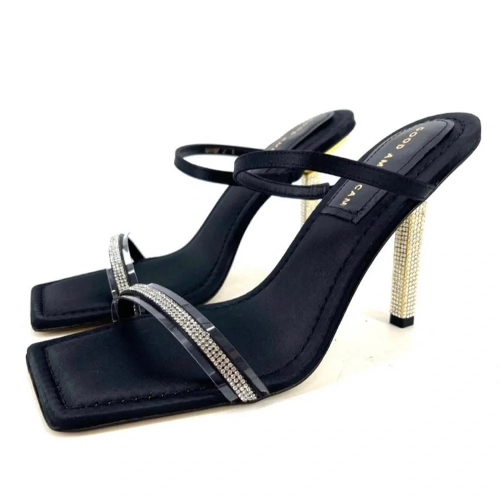 GOOD AMERICAN Open Square Toe Rhinestone Strappy Heels Black Satin Size 5.5 NIB‎ - Picture 3 of 10